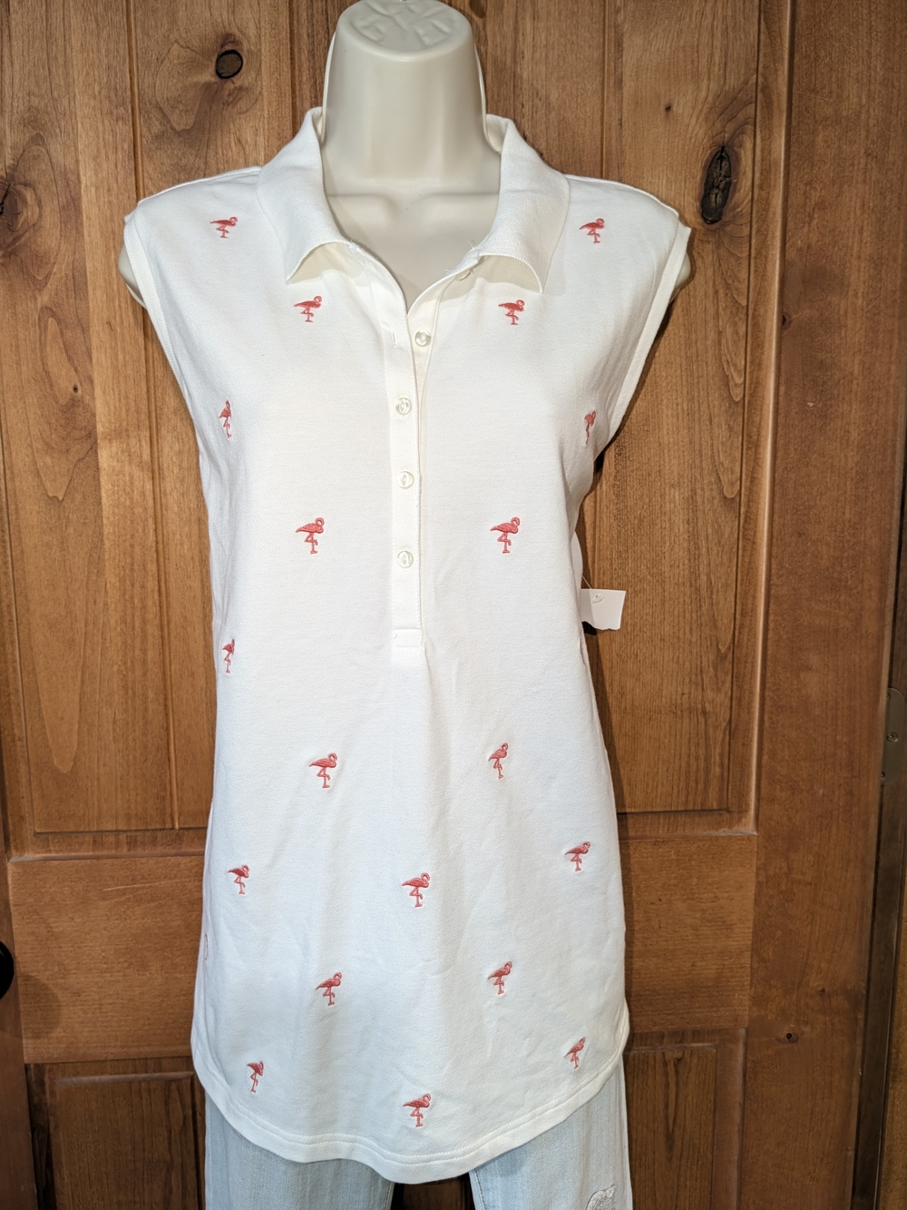 croft & barrow White Sleeveless Button-Front Polo with Pink Flamingo Motif